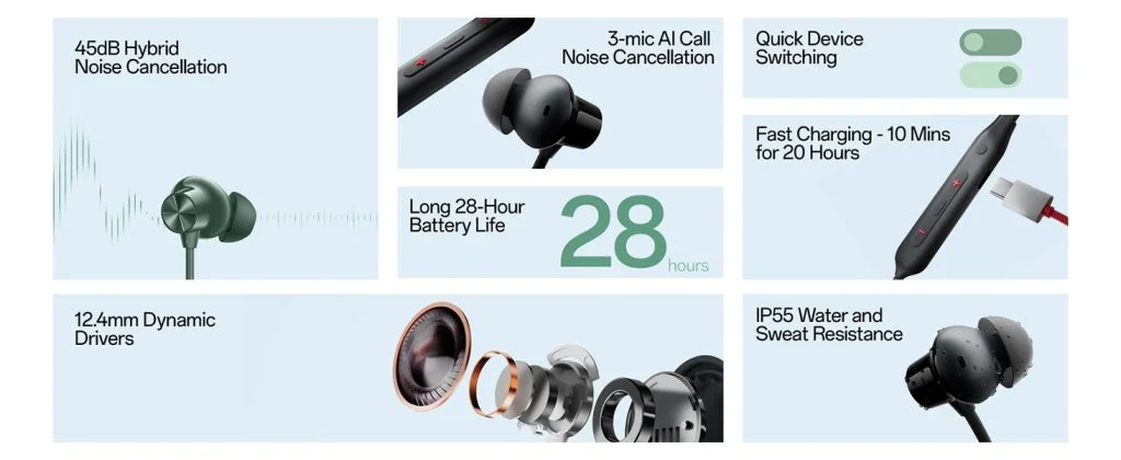 ANC Neckband featuring 45dB noise cancellation, 12.4mm bass driver, 28-hour battery, and IP55 water resistance, available at GearBaba Bangladesh.
